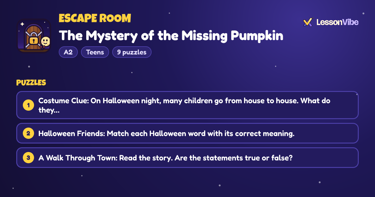Escape Room: The Mystery of the Missing Pumpkin (A2, Teens, 9 puzzles)