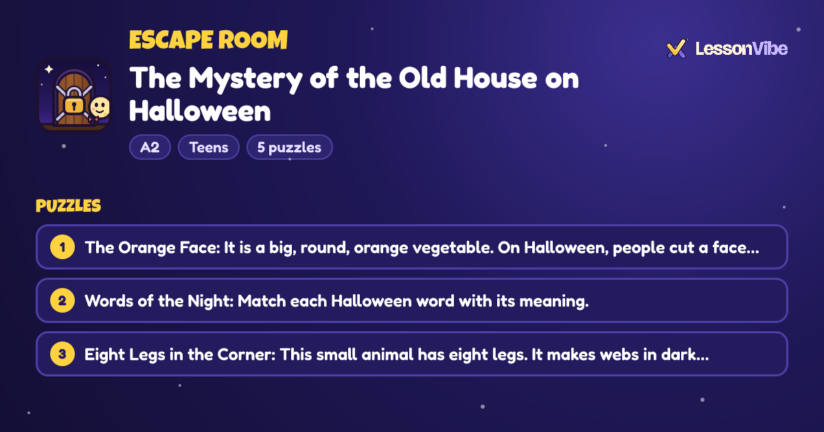 Escape Room: The Mystery of the Old House on Halloween (A2, Teens, 5 puzzles)