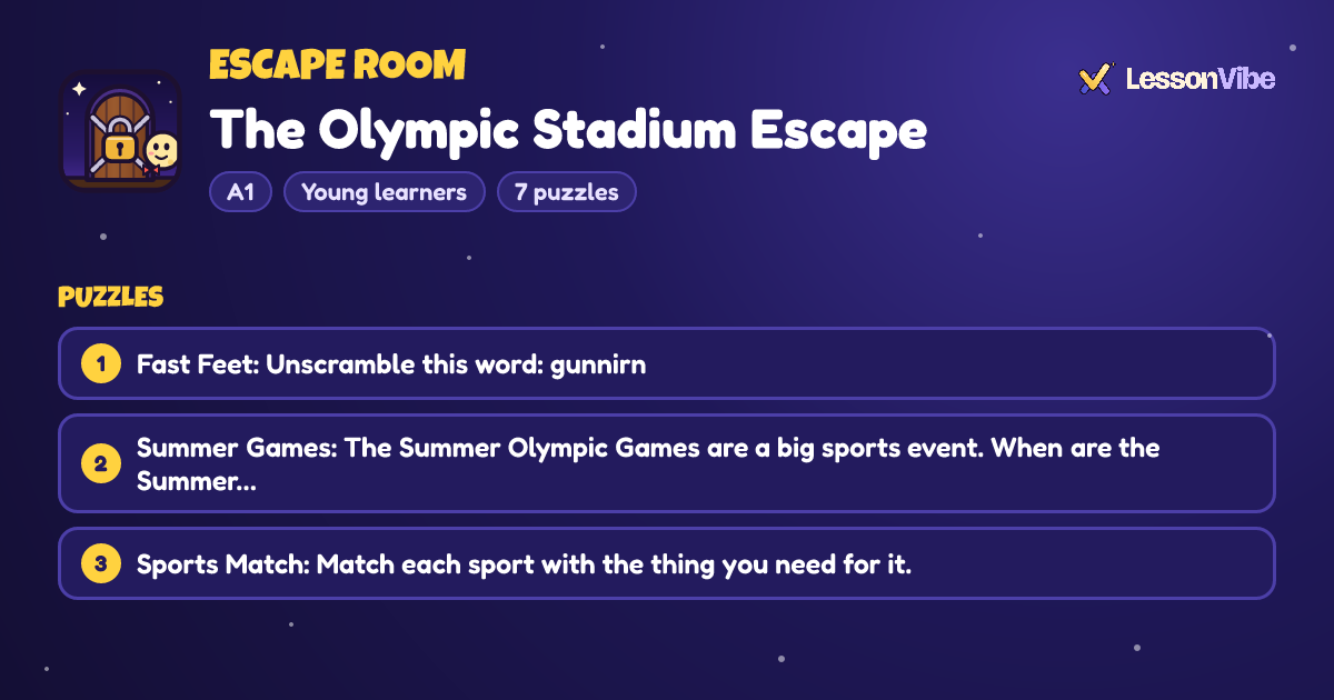 Escape Room: The Olympic Stadium Escape (A1, Young learners, 7 puzzles)