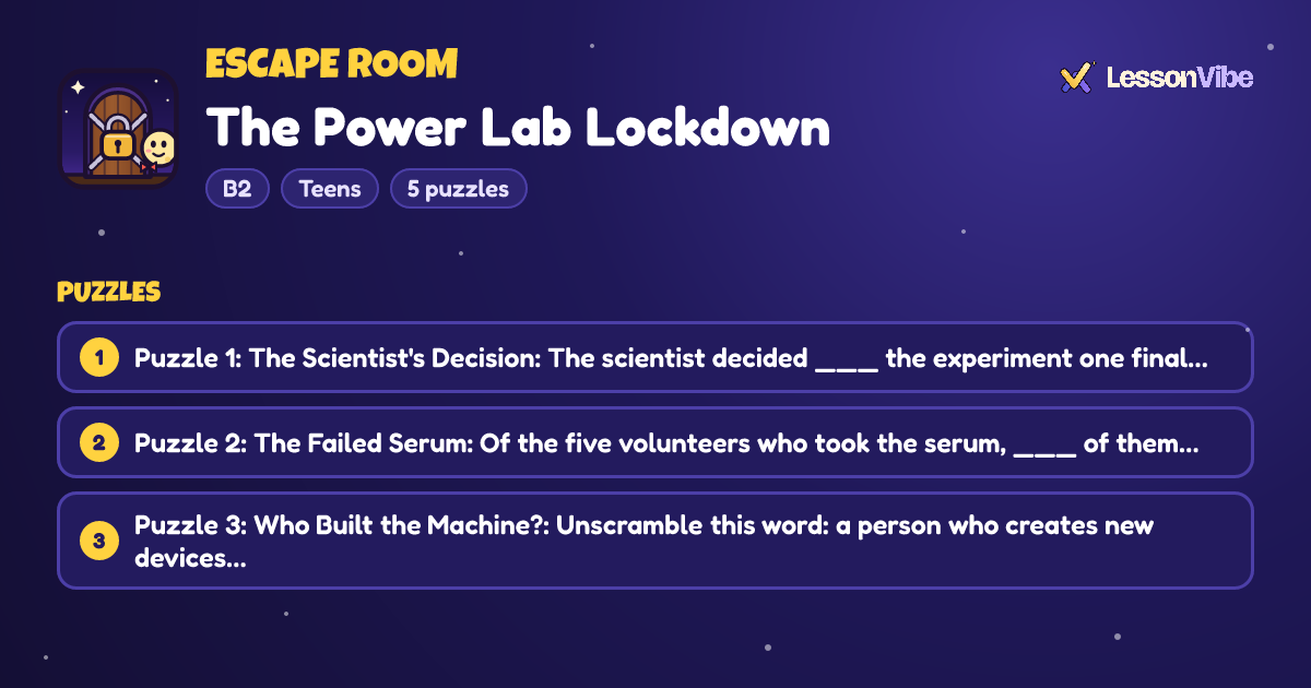 Escape Room: The Power Lab Lockdown (B2, Teens, 5 puzzles)