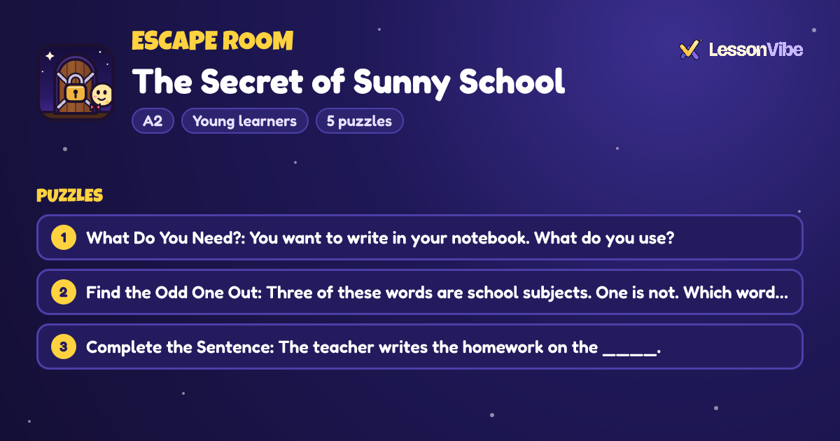 Escape Room: The Secret of Sunny School (A2, Young learners, 5 puzzles)