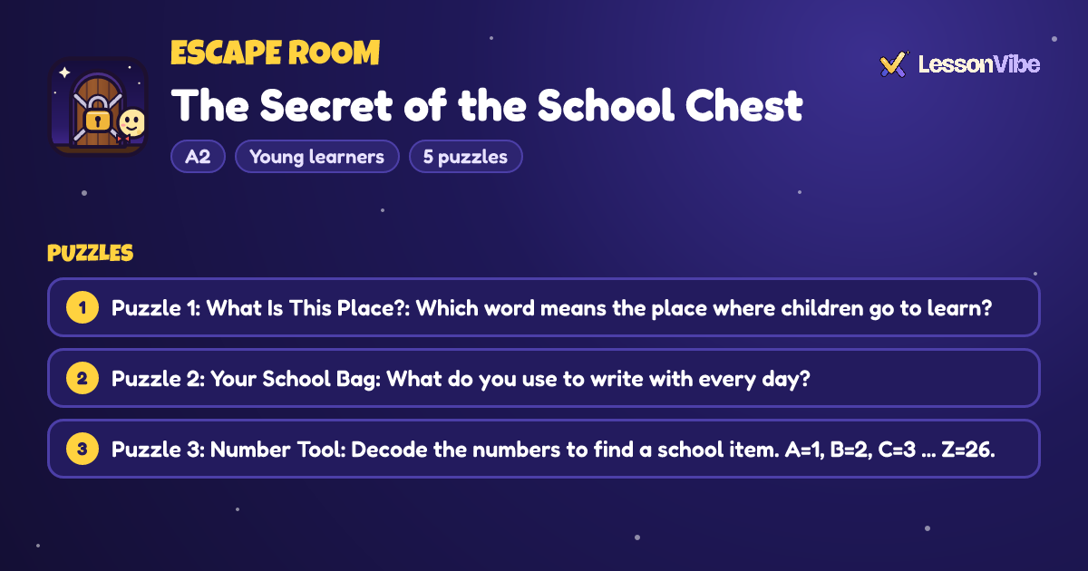 Escape Room: The Secret of the School Chest (A2, Young learners, 5 puzzles)