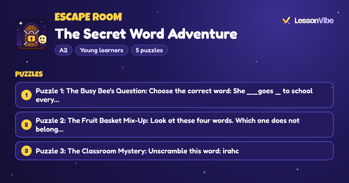 Escape Room: The Secret Word Adventure (A2, Young learners, 5 puzzles)