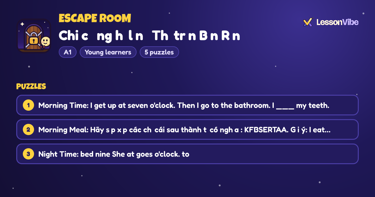 Escape Room: Chiếc đồng hồ lớn ở Thị trấn Bận Rộn (A1, Young learners, 5 puzzles)