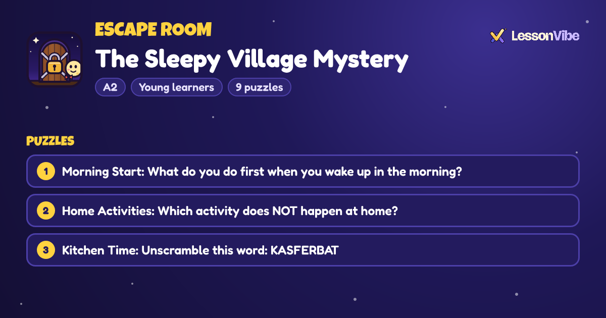 Escape Room: The Sleepy Village Mystery (A2, Young learners, 9 puzzles)