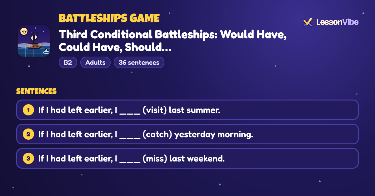 Battleships Game: Third Conditional Battleships: Would Have, Could Have, Should… (B2, Adults, 36 sentences)