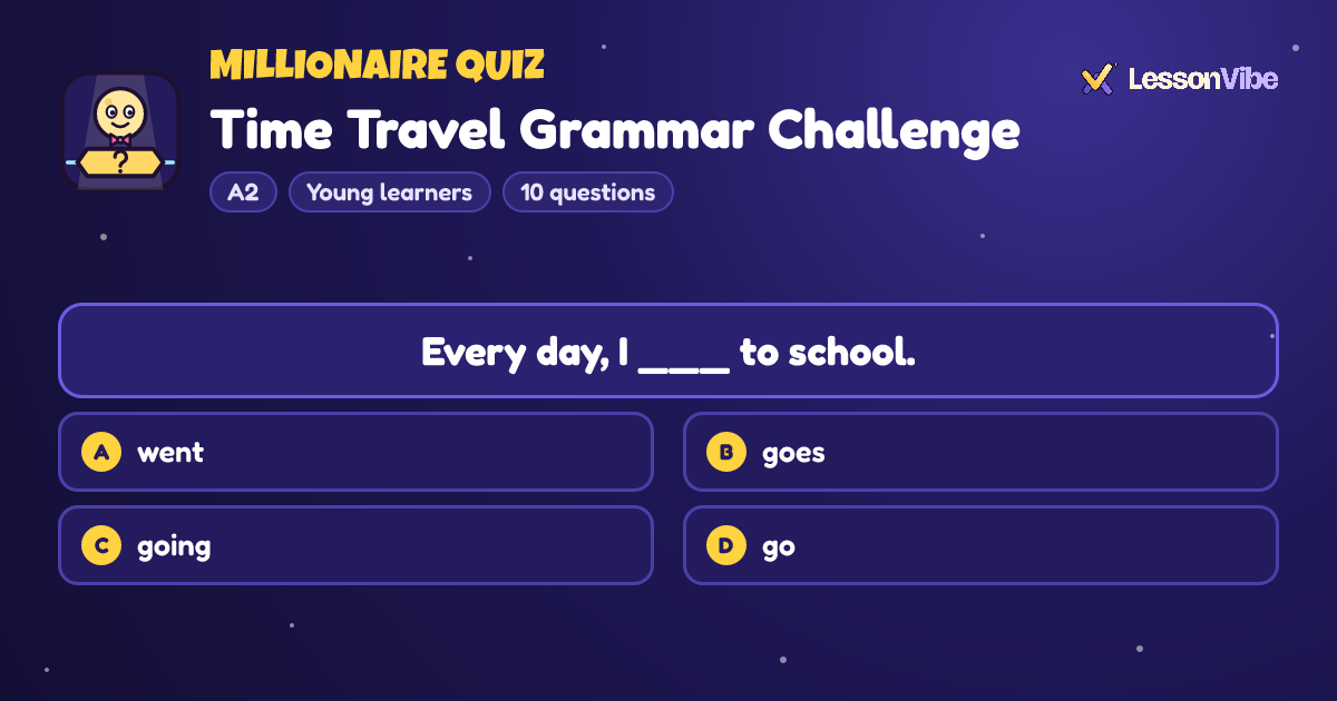 Millionaire Quiz: Time Travel Grammar Challenge (A2, Young learners, 10 questions)