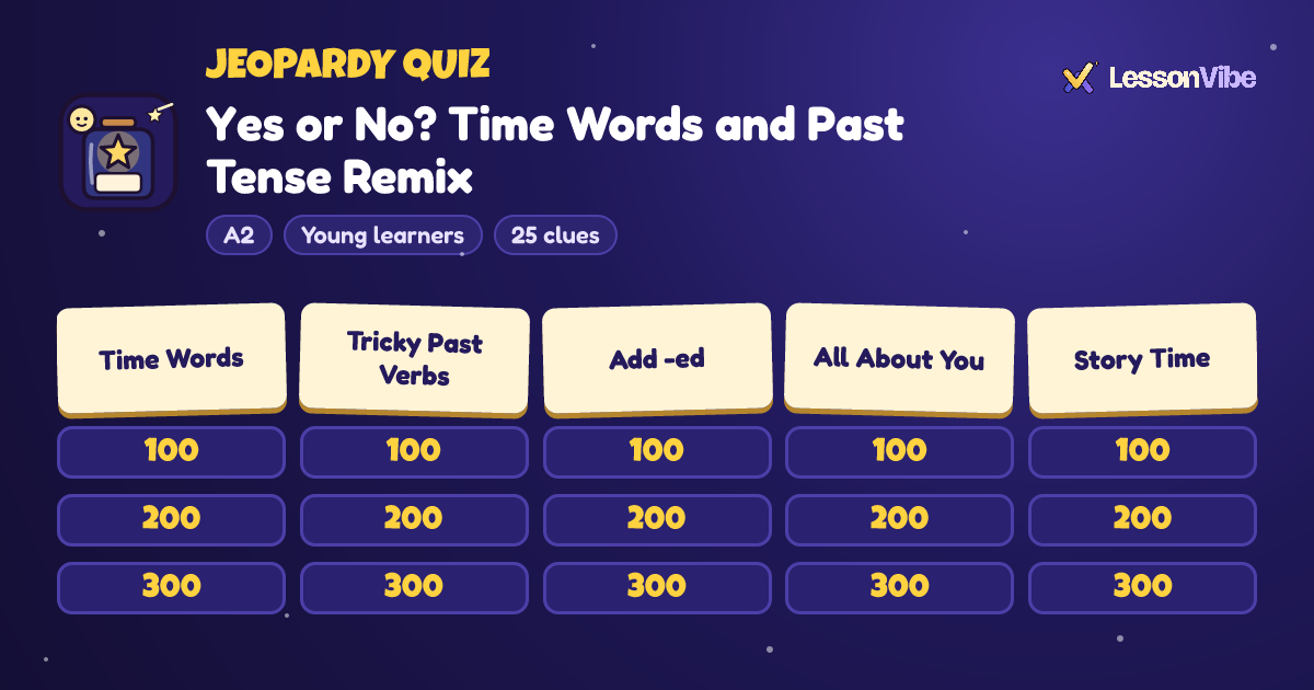 Jeopardy Quiz: Time Words and Simple Past Tense Remix (A2, Young learners, 25 clues)