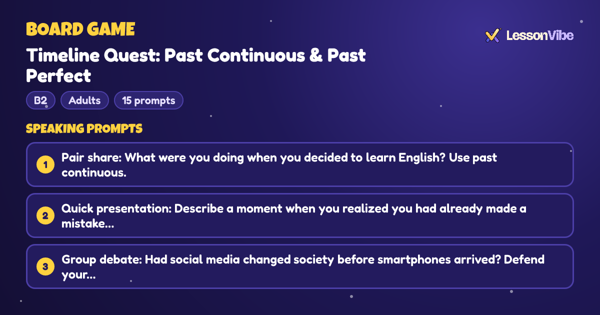 Board Game: Timeline Quest: Past Continuous & Past Perfect (B2, Adults, 15 prompts)