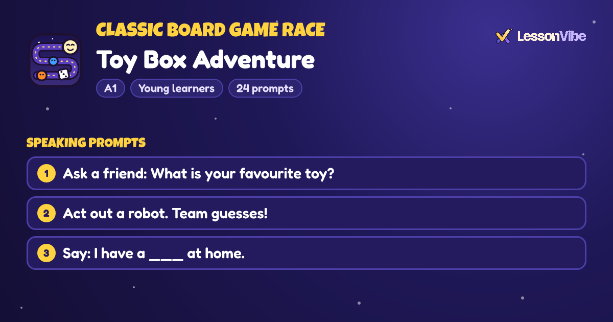 Classic Board Game Race: Toy Box Adventure (A1, Young learners, 24 prompts)