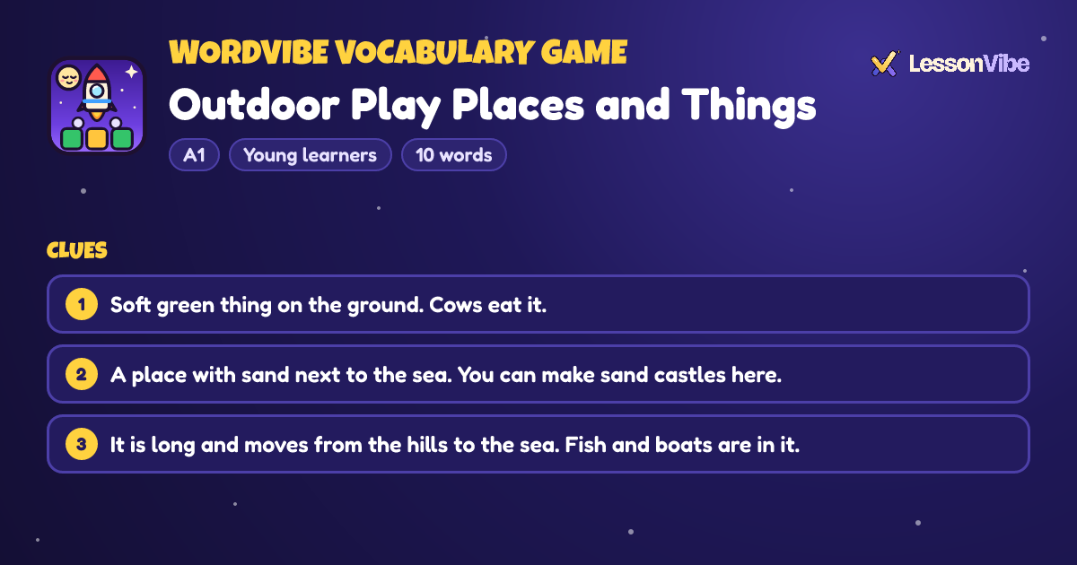 WordVibe Vocabulary Game: Outdoor Play Places and Things (A1, Young learners, 10 words)
