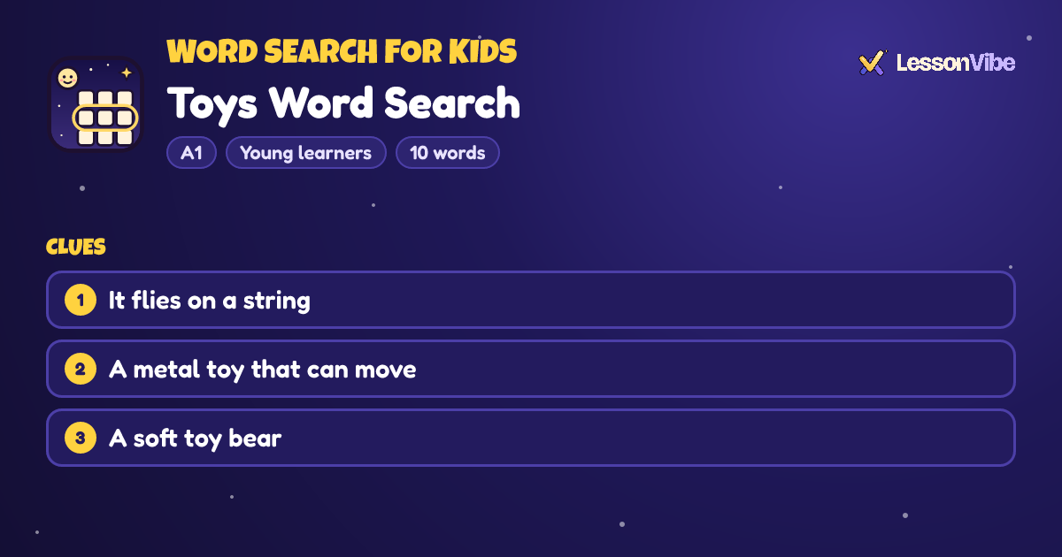 Word Search for Kids: Toys Word Search (A1, Young learners, 10 words)