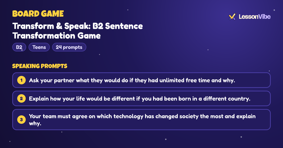 Board Game: Transform & Speak: B2 Sentence Transformation Game (B2, Teens, 24 prompts)