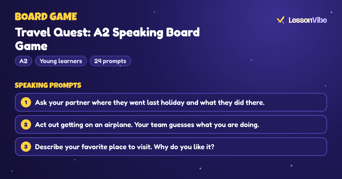 Board Game: Travel Quest: A2 Speaking Board Game (A2, Young learners, 24 prompts)