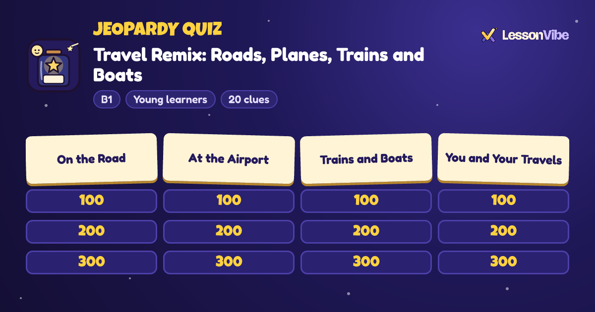 Jeopardy Quiz: Travel Remix: Roads, Planes, Trains and Boats (B1, Young learners, 20 clues)