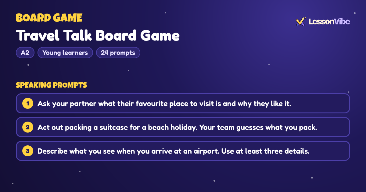 Board Game: Travel Talk Board Game (A2, Young learners, 24 prompts)