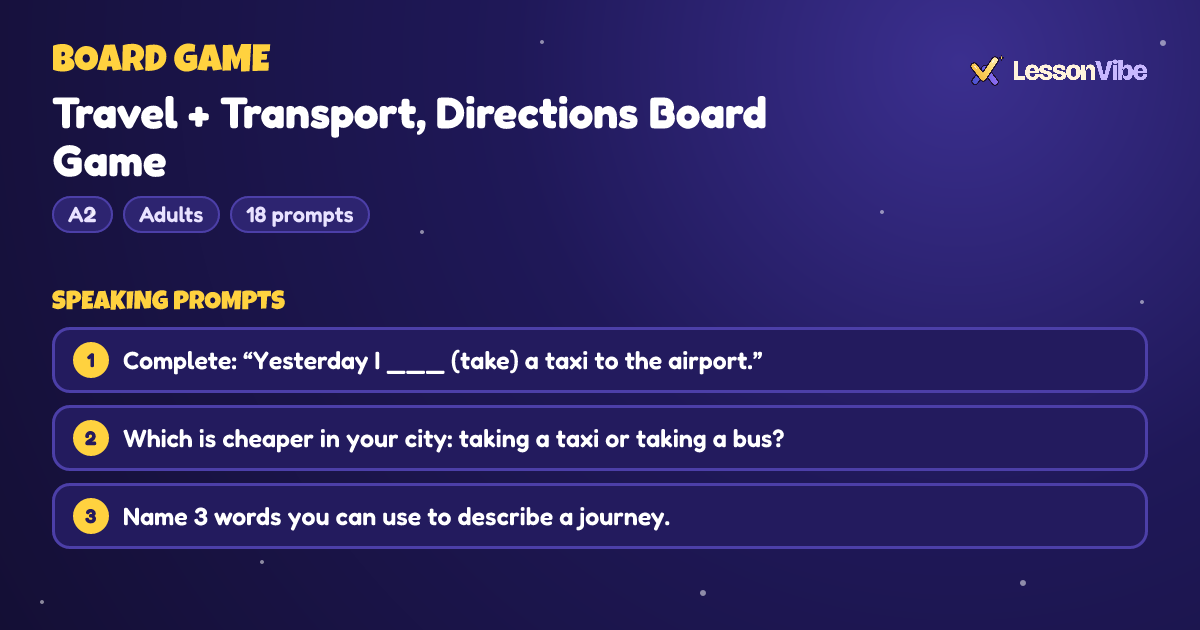 Board Game: Travel + Transport, Directions Board Game (A2, Adults, 18 prompts)