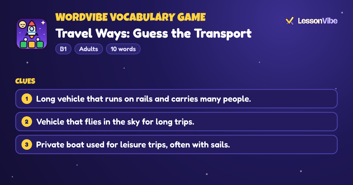 WordVibe Vocabulary Game: Travel Ways: Guess the Transport (B1, Adults, 10 words)