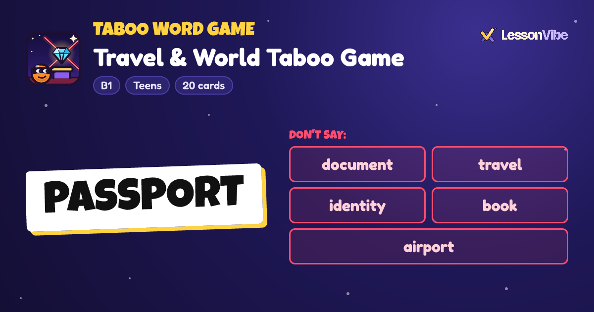 Taboo Word Game: Travel & World Taboo Game (B1, Teens, 20 cards)
