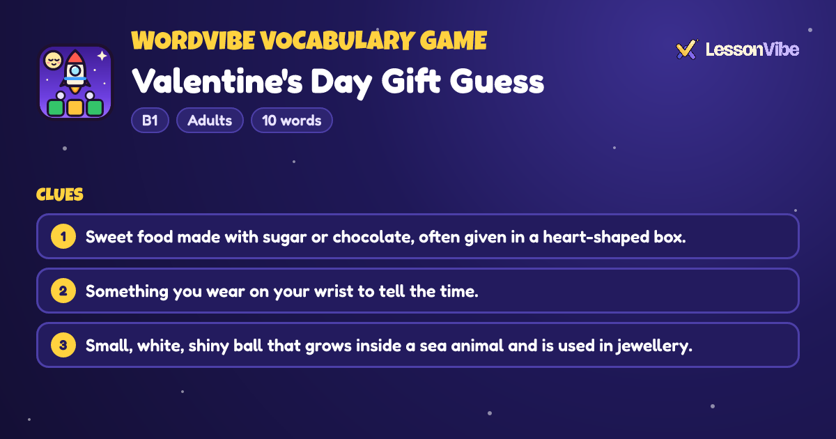 WordVibe Vocabulary Game: Valentine's Day Gift Guess (B1, Adults, 10 words)