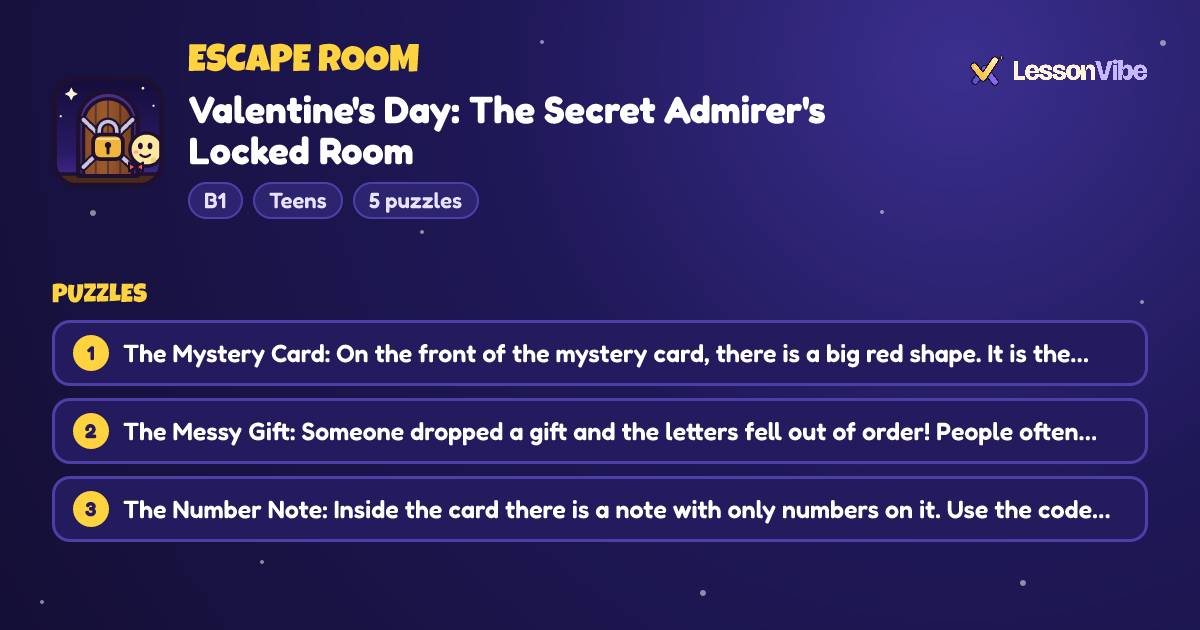 Escape Room: Valentine's Day: The Secret Admirer's Locked Room (B1, Teens, 5 puzzles)
