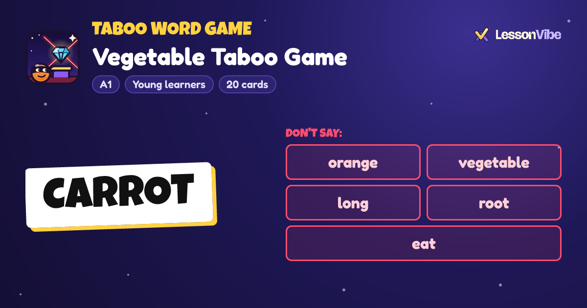 Taboo Word Game: Vegetable Taboo Game (A1, Young learners, 20 cards)