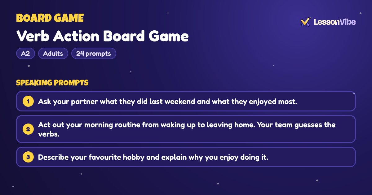 Board Game: Verb Action Board Game (A2, Adults, 24 prompts)