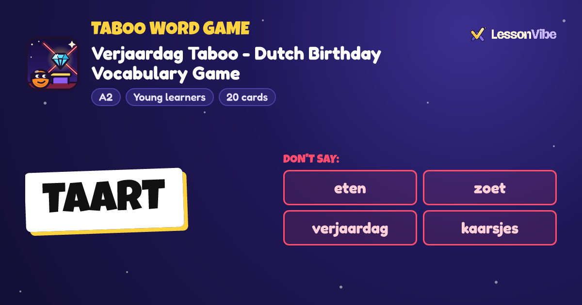 Taboo Word Game: Verjaardag Taboo - Dutch Birthday Vocabulary Game (A2, Young learners, 20 cards)
