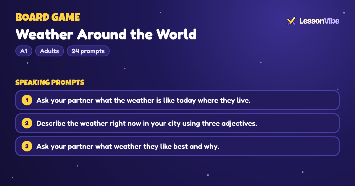 Board Game: Weather Around the World (A1, Adults, 24 prompts)