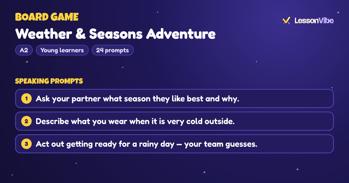 Board Game: Weather & Seasons Adventure (A2, Young learners, 24 prompts)