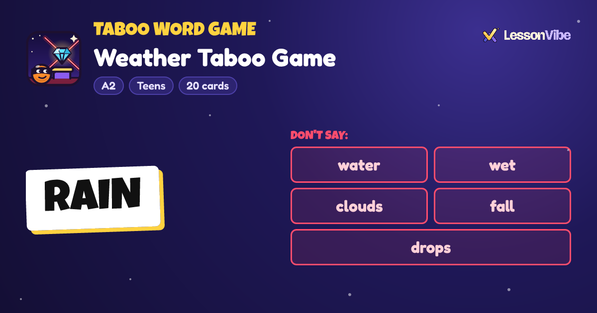Taboo Word Game: Weather Taboo Game (A2, Teens, 20 cards)