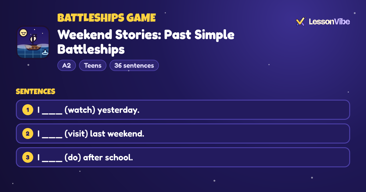 Battleships Game: Weekend Stories: Past Simple Battleships (A2, Teens, 36 sentences)