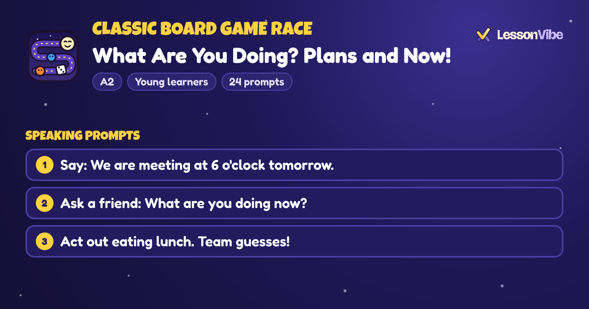 Classic Board Game Race: What Are You Doing? Plans and Now! (A2, Young learners, 24 prompts)