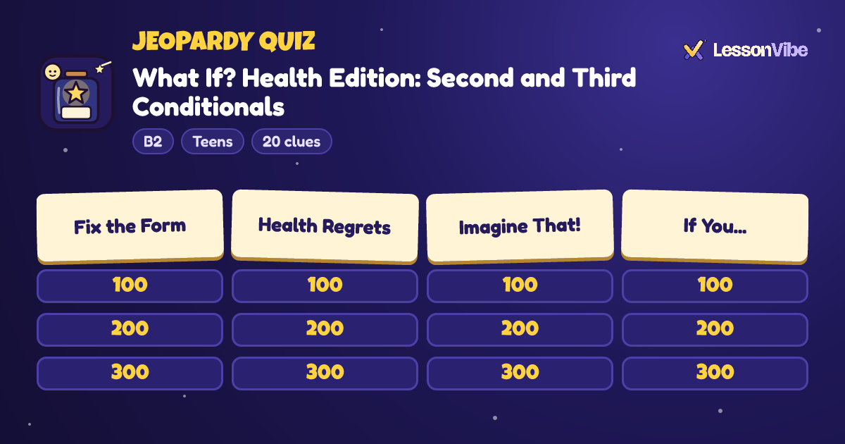 Jeopardy Quiz: What If? Health Edition: Second and Third Conditionals (B2, Teens, 20 clues)