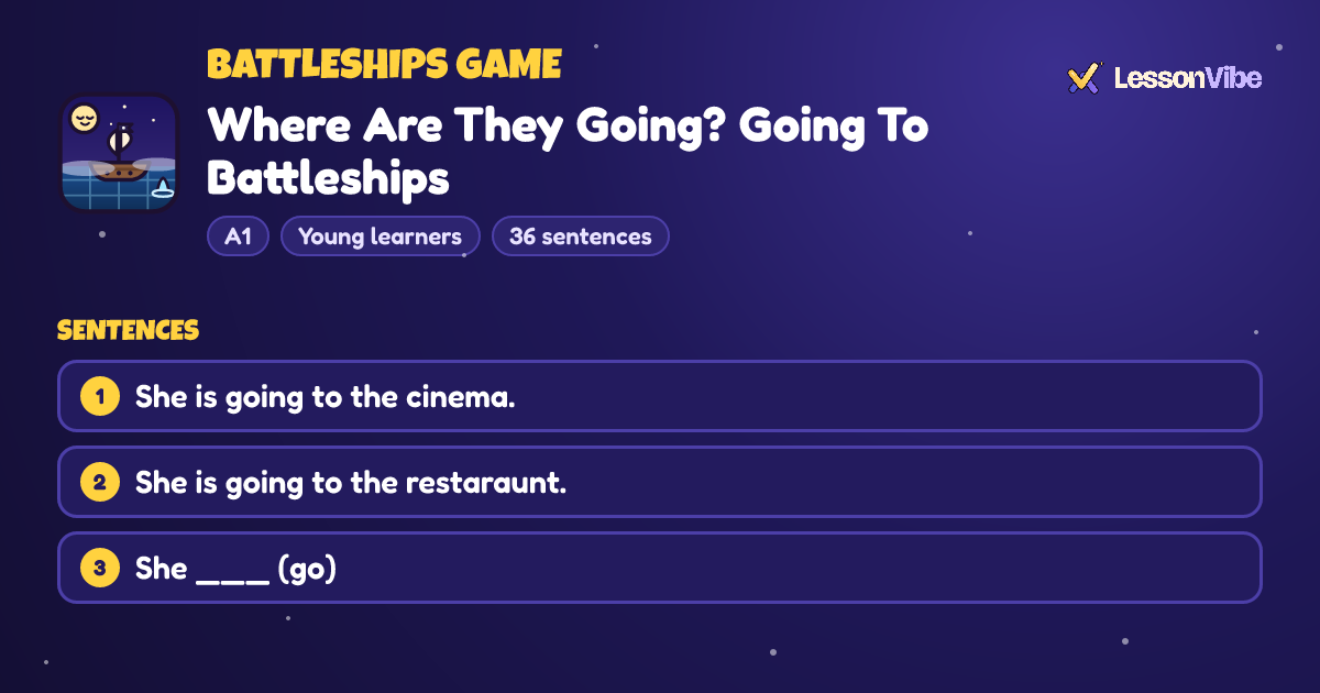 Battleships Game: Where Are They Going? Going To Battleships (A1, Young learners, 36 sentences)