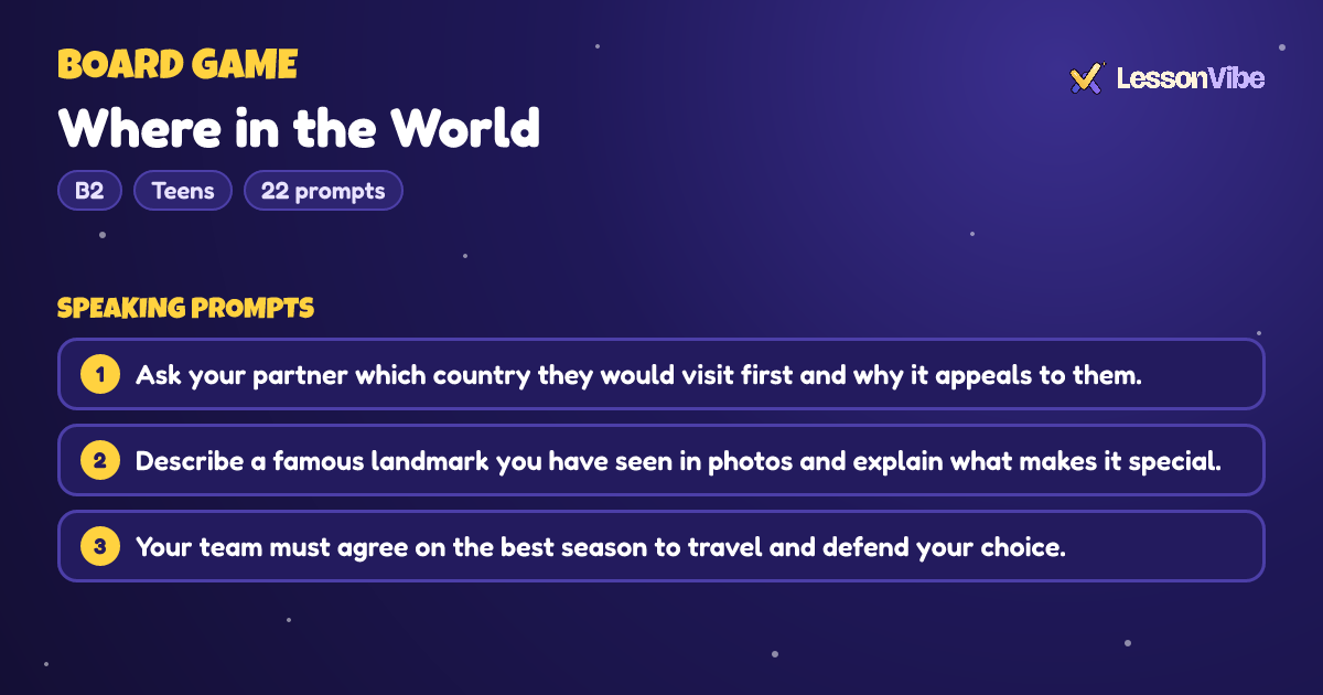 Board Game: Where in the World (B2, Teens, 22 prompts)