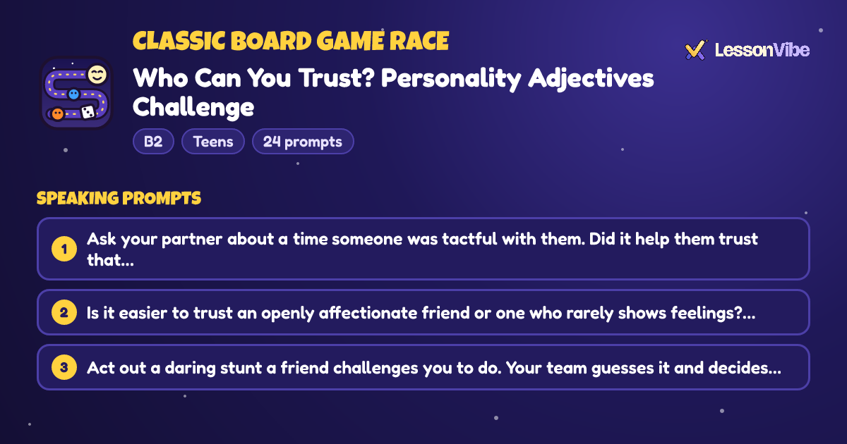 Classic Board Game Race: Who Can You Trust? Personality Adjectives Challenge (B2, Teens, 24 prompts)