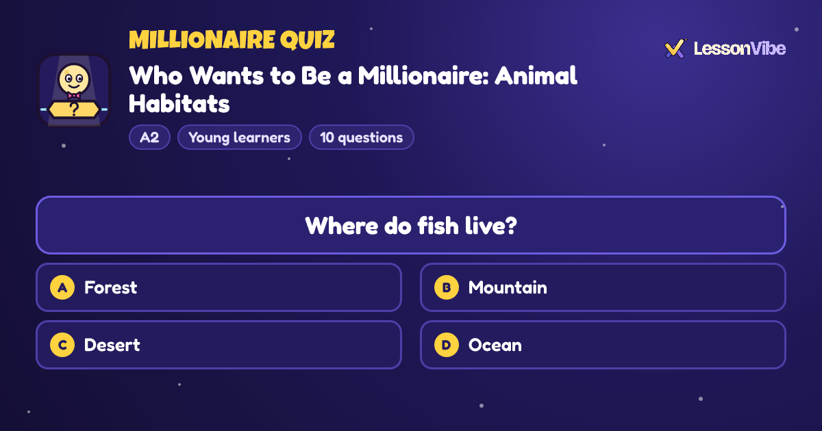 Millionaire Quiz: Who Wants to Be a Millionaire: Animal Habitats (A2, Young learners, 10 questions)