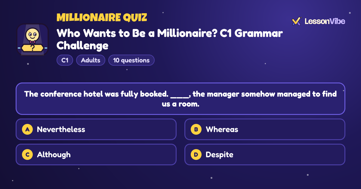 Millionaire Quiz: Who Wants to Be a Millionaire? C1 Grammar Challenge (C1, Adults, 10 questions)