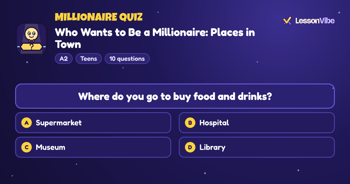Millionaire Quiz: Who Wants to Be a Millionaire: Places in Town (A2, Teens, 10 questions)