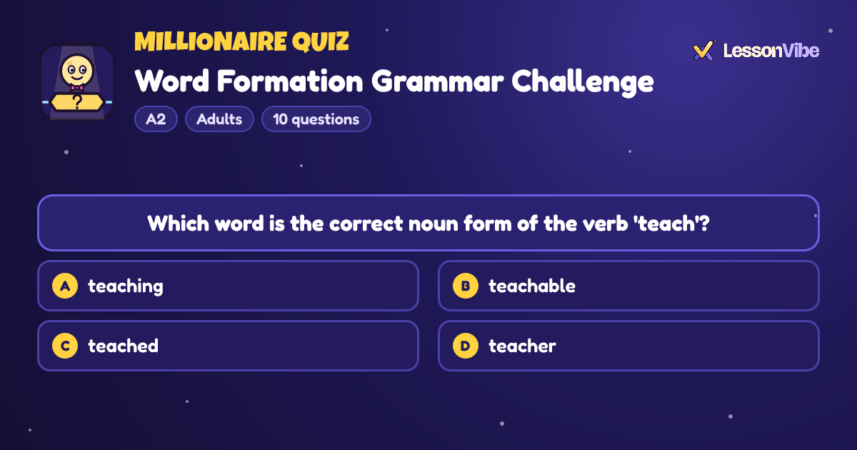 Millionaire Quiz: Word Formation Grammar Challenge (A2, Adults, 10 questions)