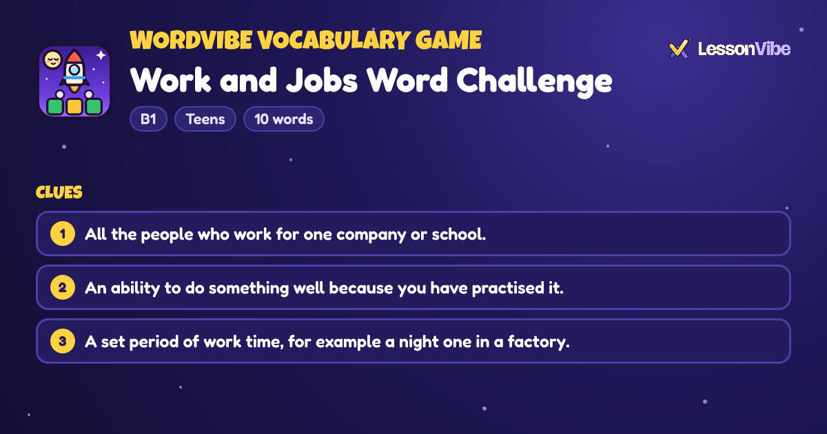 WordVibe Vocabulary Game: Work and Jobs Word Challenge (B1, Teens, 10 words)