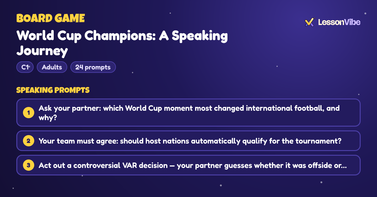Board Game: World Cup Champions: A Speaking Journey (C1, Adults, 24 prompts)