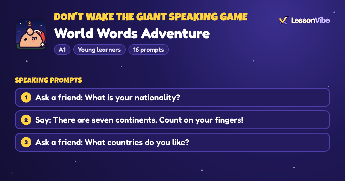 Don't Wake the Giant Speaking Game: World Words Adventure (A1, Young learners, 16 prompts)