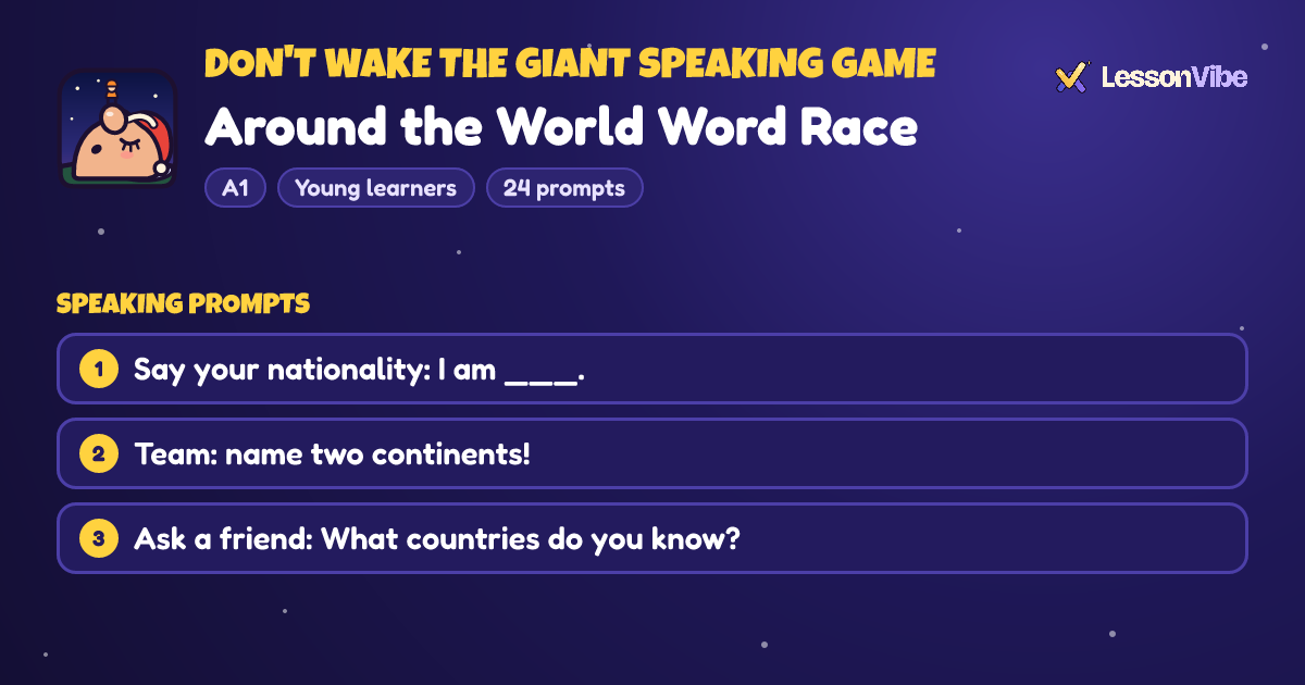 Don't Wake the Giant Speaking Game: Around the World Word Race (A1, Young learners, 24 prompts)