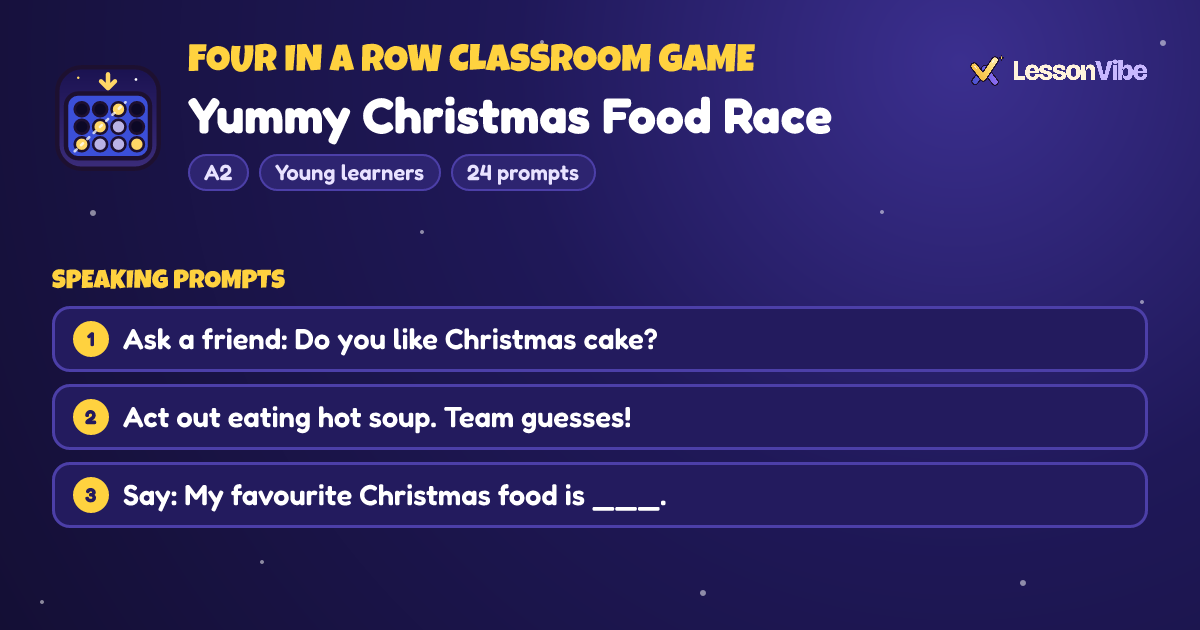 Four in a Row Classroom Game: Yummy Christmas Food Race (A2, Young learners, 24 prompts)