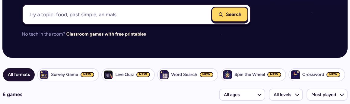 The library search box, the format buttons, and the All ages, All levels and Most played menus