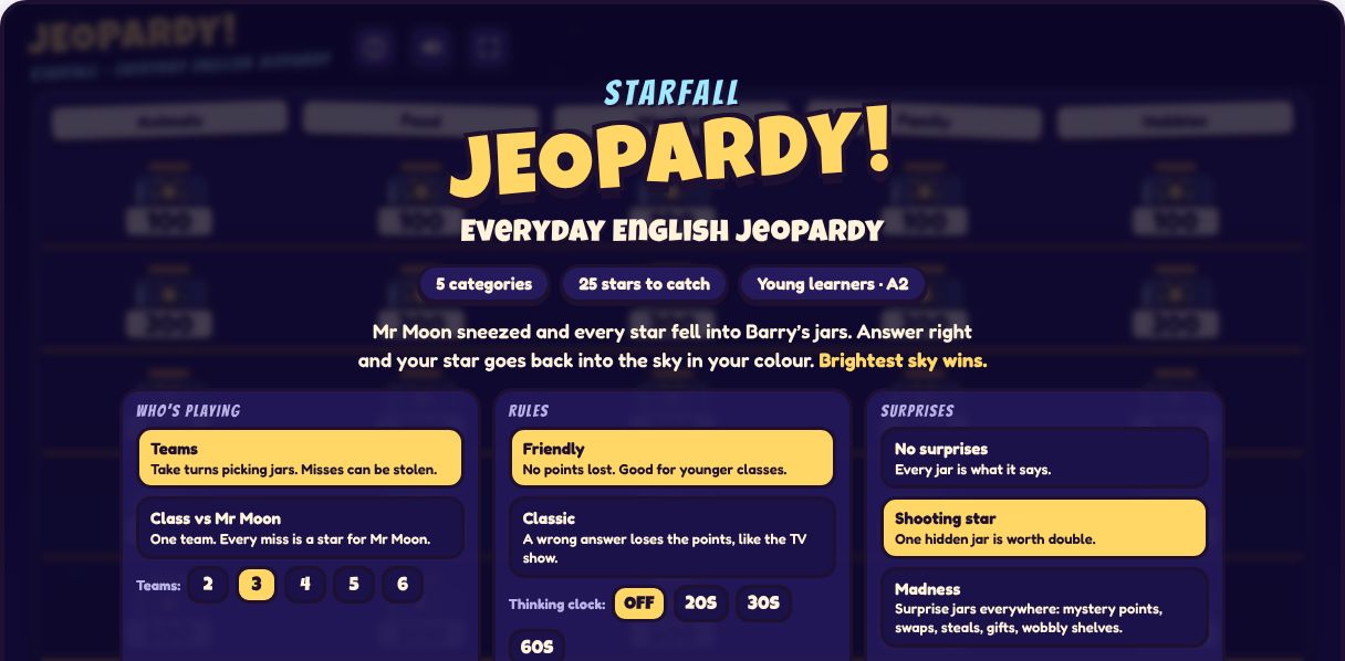 The Jeopardy start screen: Who's playing with 2 to 6 teams, Friendly or Classic rules, and Surprises