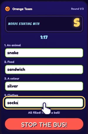 Phone screen: four words typed, snake, sandwich, silver, socks, and a red STOP THE BUS button