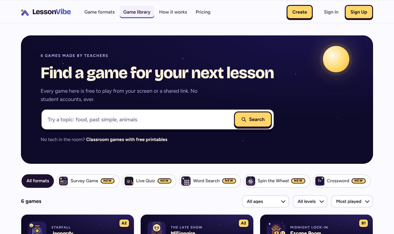 The game library: a search box, format buttons and game cards with a Play button